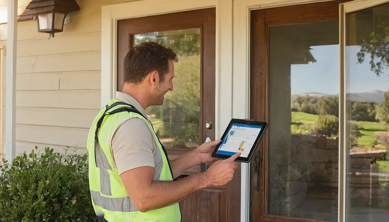 Friendly pest control provider talking with a homeowner at the front door of a house in the Logan area